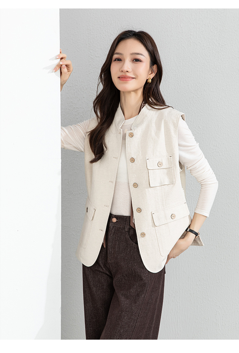 Áo gile nữ phong cách Nhật cổ điển chất liệu cotton pha lanh, dáng không tay, thiết kế layer độc đáo — màu sắc chi tiết 21
