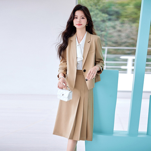 Gray suit suit for female spring and autumn college students, teaching interview wear, small pleated skirt, temperament, professional formal wear