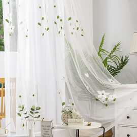 韩式田园小清新飘窗阳台装饰薄纱窗帘门帘成品玉兰花纱帘绣花卧室