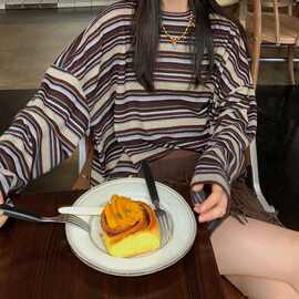 条纹长袖T恤女2025秋冬新款韩版圆领内搭打底衫宽松复古慵懒上衣