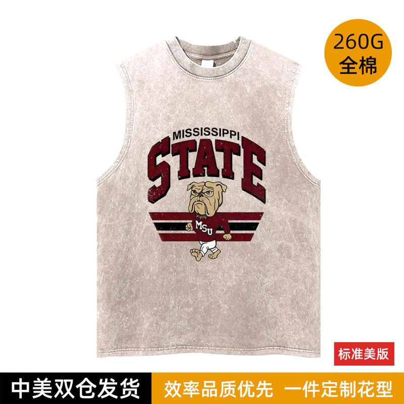 European and American Cross-Border Mississippi State Bulldog Print Distressed Vest Retro Washed University Sleeveless