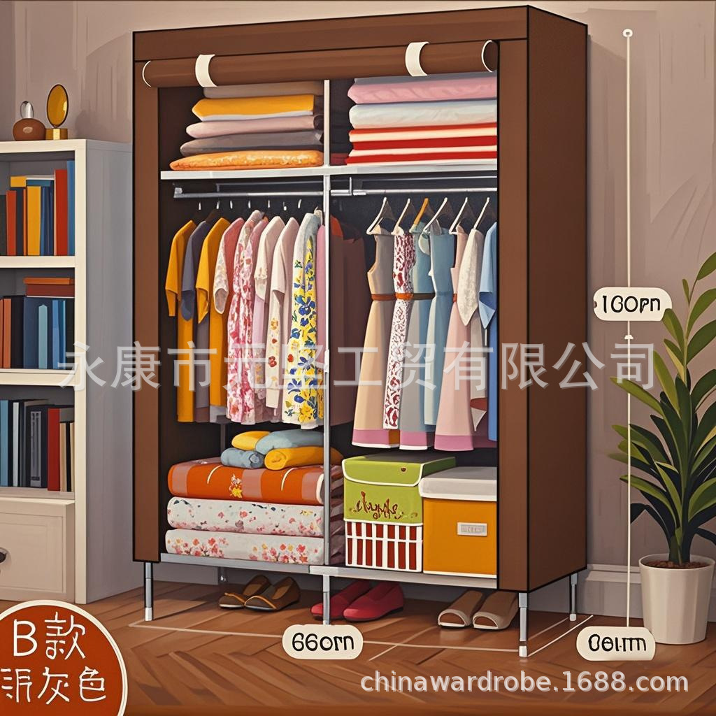 Armario de tela simple, armario de almacenamiento, armario a prueba de polvo, dormitorio, marco de acero, combinación de refuerzo, armario de estudiantes de alquiler al por mayor