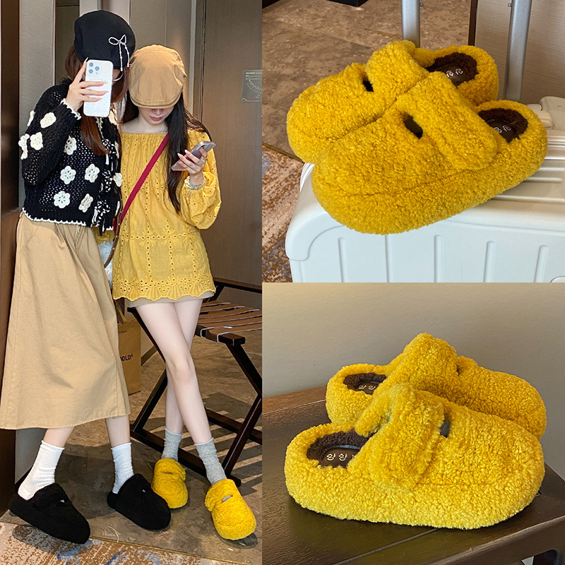 杨幂同款厚底毛毛拖鞋女外穿2025秋冬新款软底一脚蹬包头棉拖鞋子