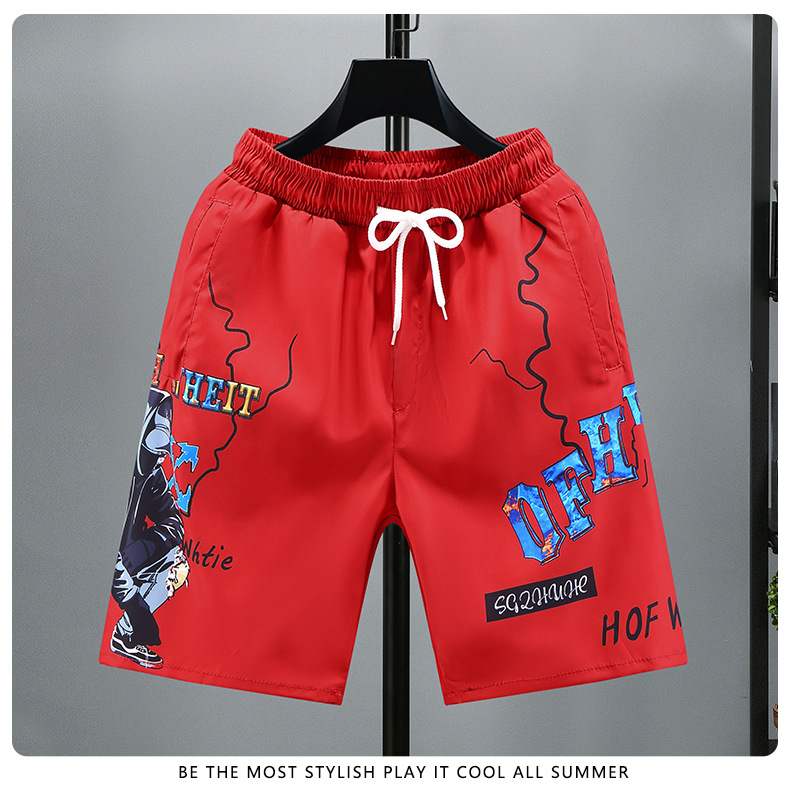 Summer Ice Herren bedruckte Shorts, schnell trocknende Hose, modische Freizeit-Caprihose, Netzrot, Strandmode_voghion.com
