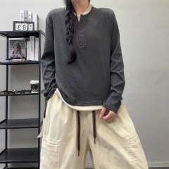 竹节棉长袖T恤女 2025秋新款韩版宽松休闲假两件打底衫上衣 8080