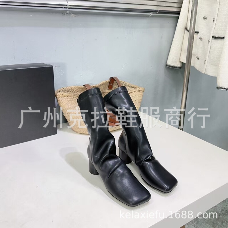 小众2025秋冬真皮方头复古褶皱粗跟高跟弹力靴瘦瘦靴时装靴裸靴女|undefined