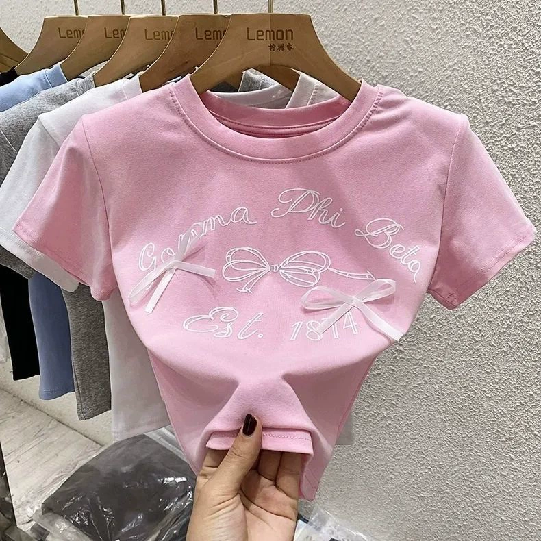 Summer clothing, children's cute short sleeve T-shirt with bow, western style, Korean style