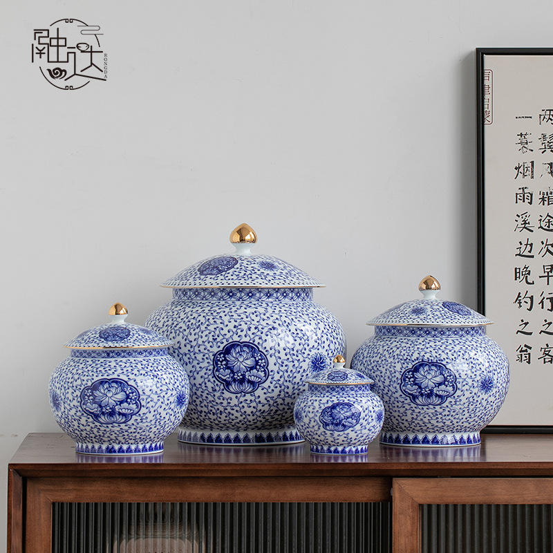 景德镇青花茶叶罐储存罐陶瓷罐茶密封罐普洱中大号家用普洱白茶饼|ru