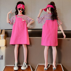 女童夏季假兩件條紋連衣裙2024新款大兒童洋氣公主裙小女孩長裙子