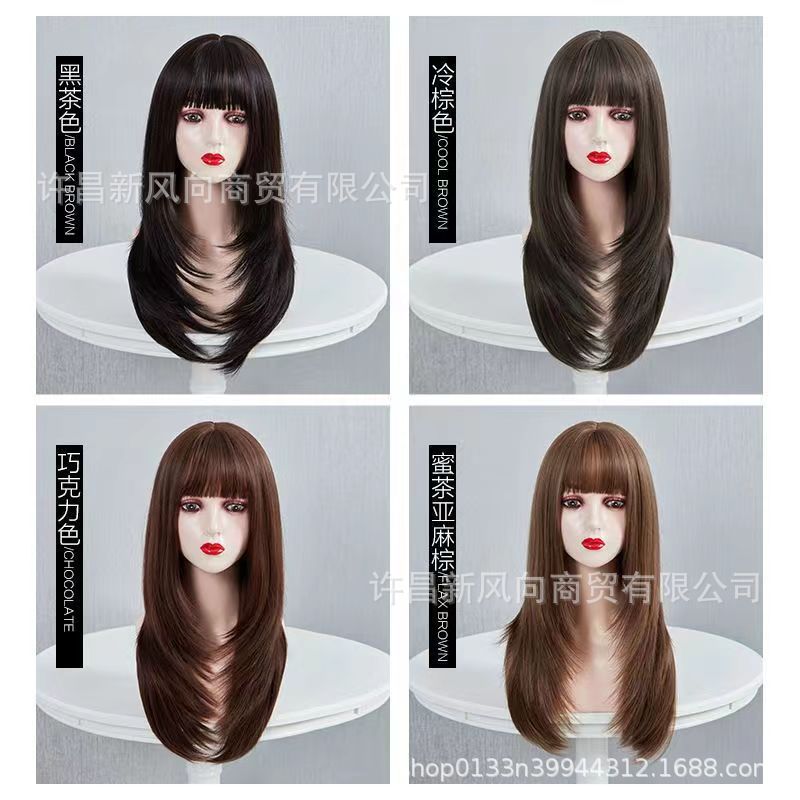 假发女长发 空气刘海自然全头套黑长直仿真发整顶假发套中长发|ru