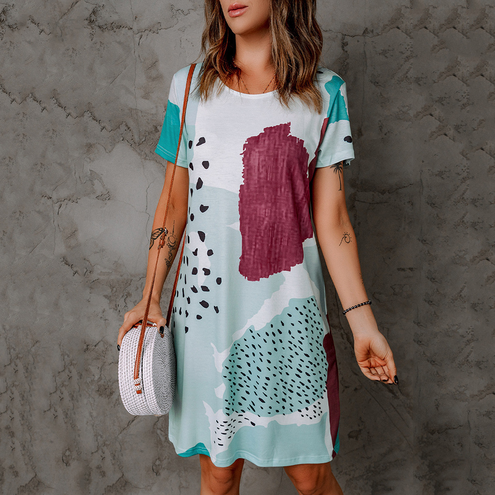 Summer Floral Print round Neck Short Sleeve Casual Dress Women