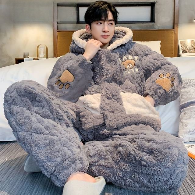 Men's Pajamas Autumn and Winter Coral Velvet Thickeneded Fleece-Lined Three-Layer Quilted 2025 New Hooded Winter Home Clothes