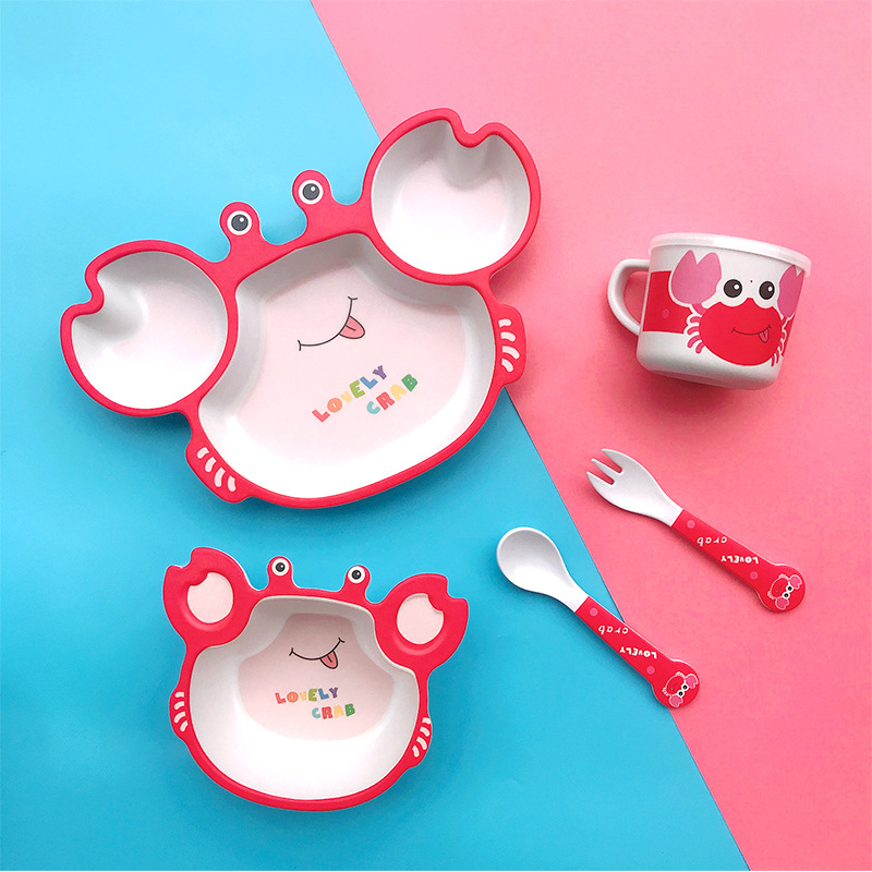 New children's tableware set household cute cartoon bamboo fiber baby compartmentalized plate small child meal bowl spoon and fork