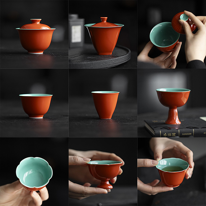 墨己故宫红内釉松石绿功夫茶具陶瓷盖碗茶壶茶杯壶承茶道配件合集|undefined