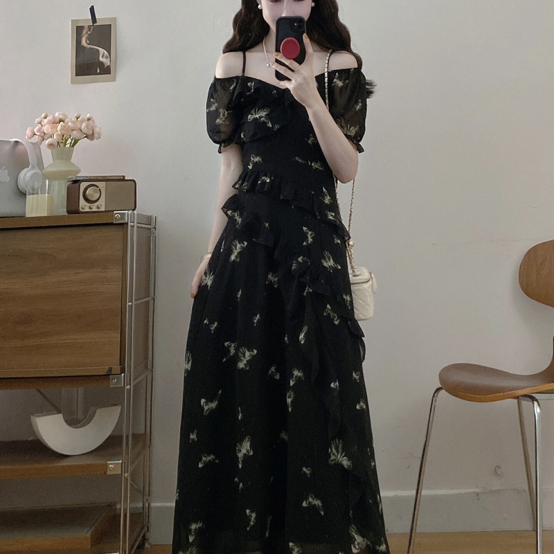 Vintage Floral Dress for Women, Summer New Style, Plus Size, Slimming, Waist-Cinching, High-End Feel, Off-Shoulder Strapless Long Dress