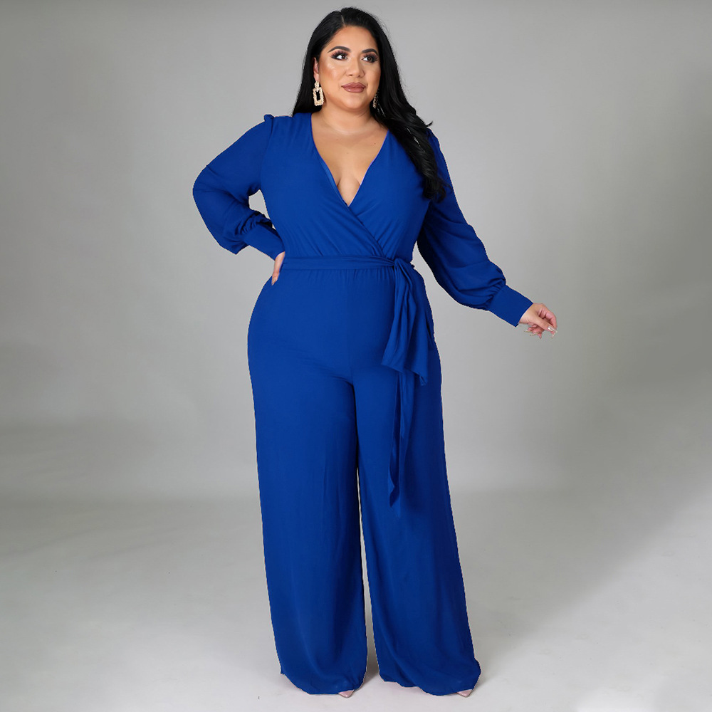 plus size loose straight solid color V-neck long sleeve belted jumpsuit NSLNW137013