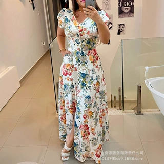 LZR19002新款跨境女装满身花卉泡泡袖V领收腰A字长裙