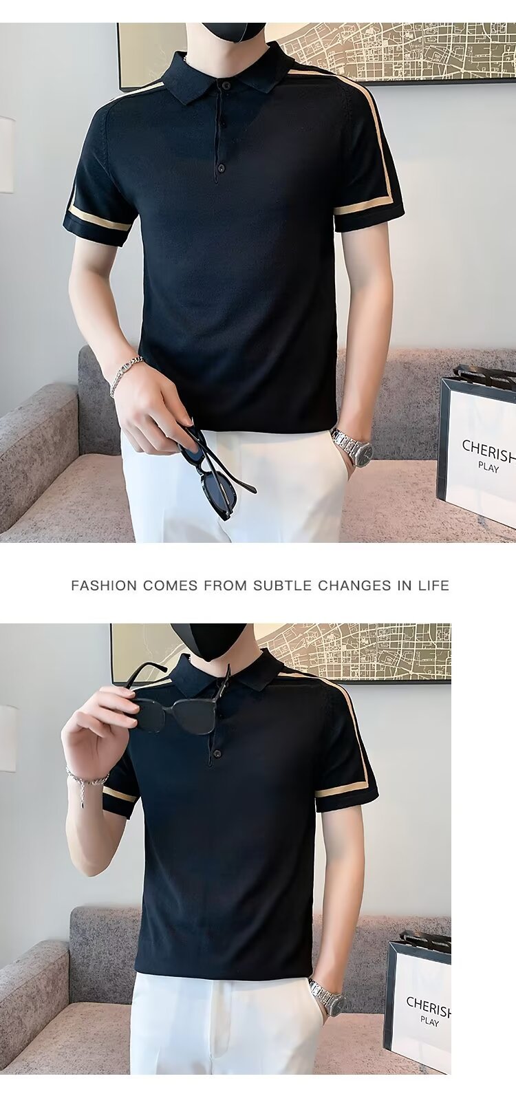 Herr polo randig kort ärm slim fit stickad sommartröja_voghion.com