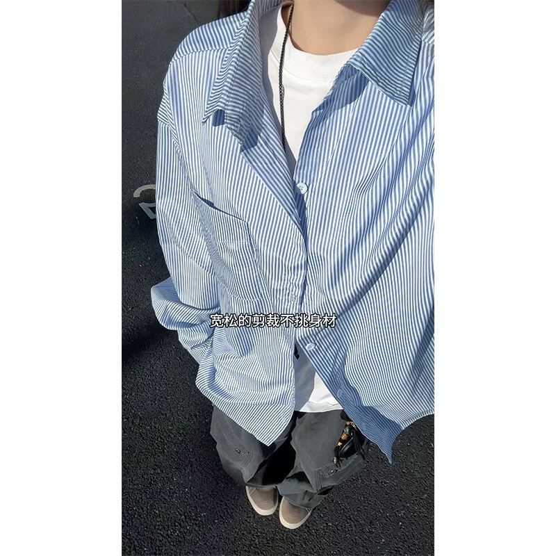 Весенний новый контроль цен 38 свежий повседневный дикий отворот в полоску рубашка с внутренней курткой