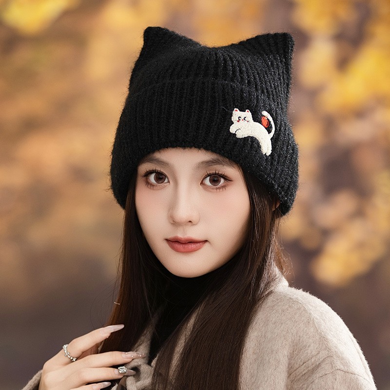 KANGLMOS猫耳朵帽子女可爱毛线帽秋冬季加厚保暖防寒针织护耳冷帽|undefined