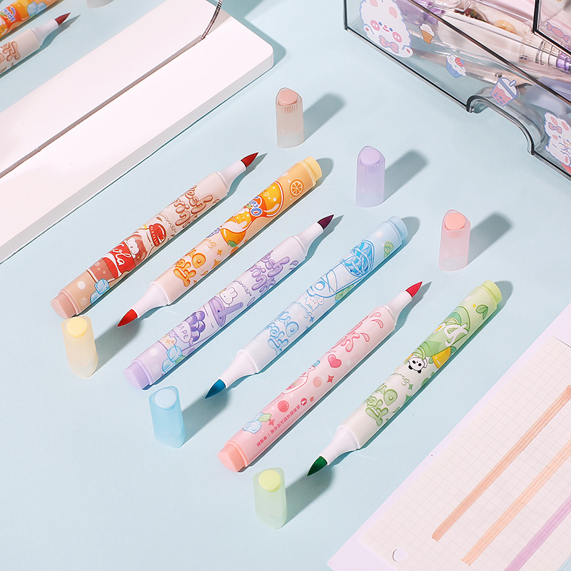 Resaltador de cabeza suave afrutado para tomar notas, sello, juego de bolígrafos de colores, bolígrafos de mano especiales para estudiantes, bolígrafos clave