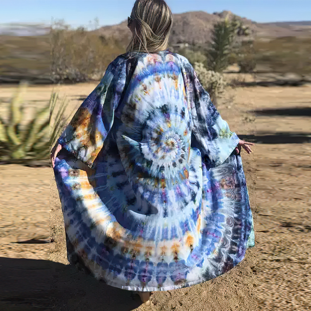 5D145 europea y americana nueva playa cardigan tie-dyed impreso vacaciones falda kimono cardigan bikini protección solar camisa