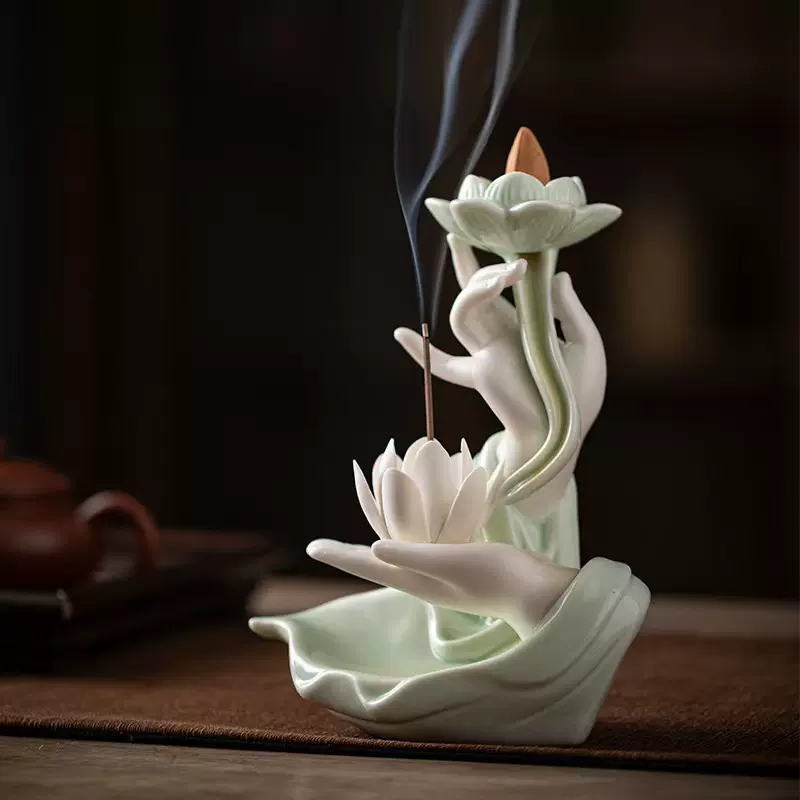 工厂现货青瓷佛手莲心倒流香炉白瓷陶瓷紫砂创意摆件德化陶瓷