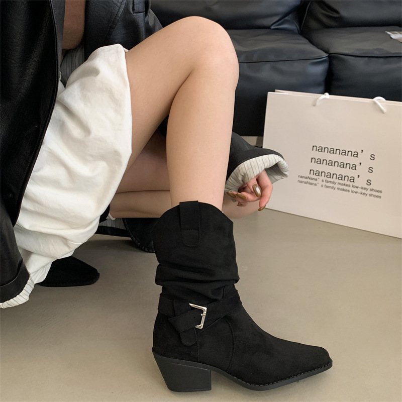 粗跟短靴女英伦风百搭小仙女2025新款欧美范时装马丁靴中跟瘦瘦靴|undefined