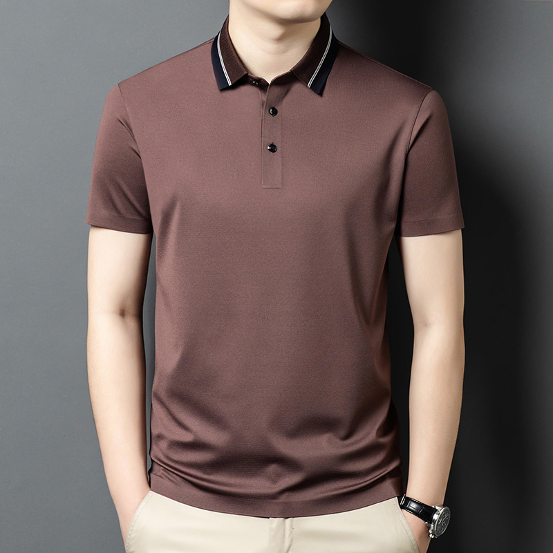 2025 New Mulberry Silk Short-Sleeved T-Shirt Men's Classy Brand Business Middle-Aged Pure Color Silk Draped Polo Shirt Men