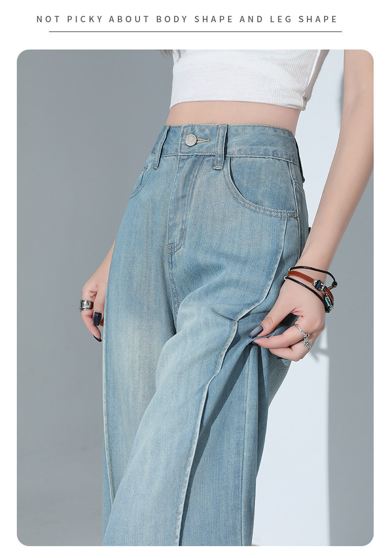 Quần jean ống rộng nữ cạp cao dáng suông vải Tencel xanh nhạt — Quần lửng màu xanh nhạt chi tiết 15
