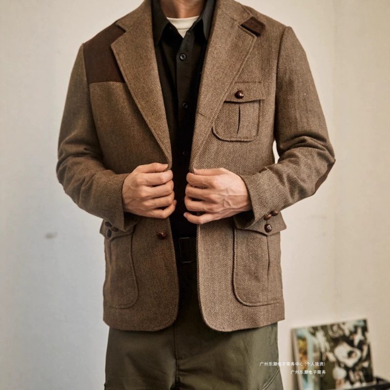 Autumn and Winter Thickened Tweed Hunting Jacket Herringbone Pattern Suit Retro British Woolen American Casual Men's Suit Autumn and Winter Thickened Tweed Hunting Jacket Herringbone Pattern Suit Retro British Woolen American Casual Men's Suit