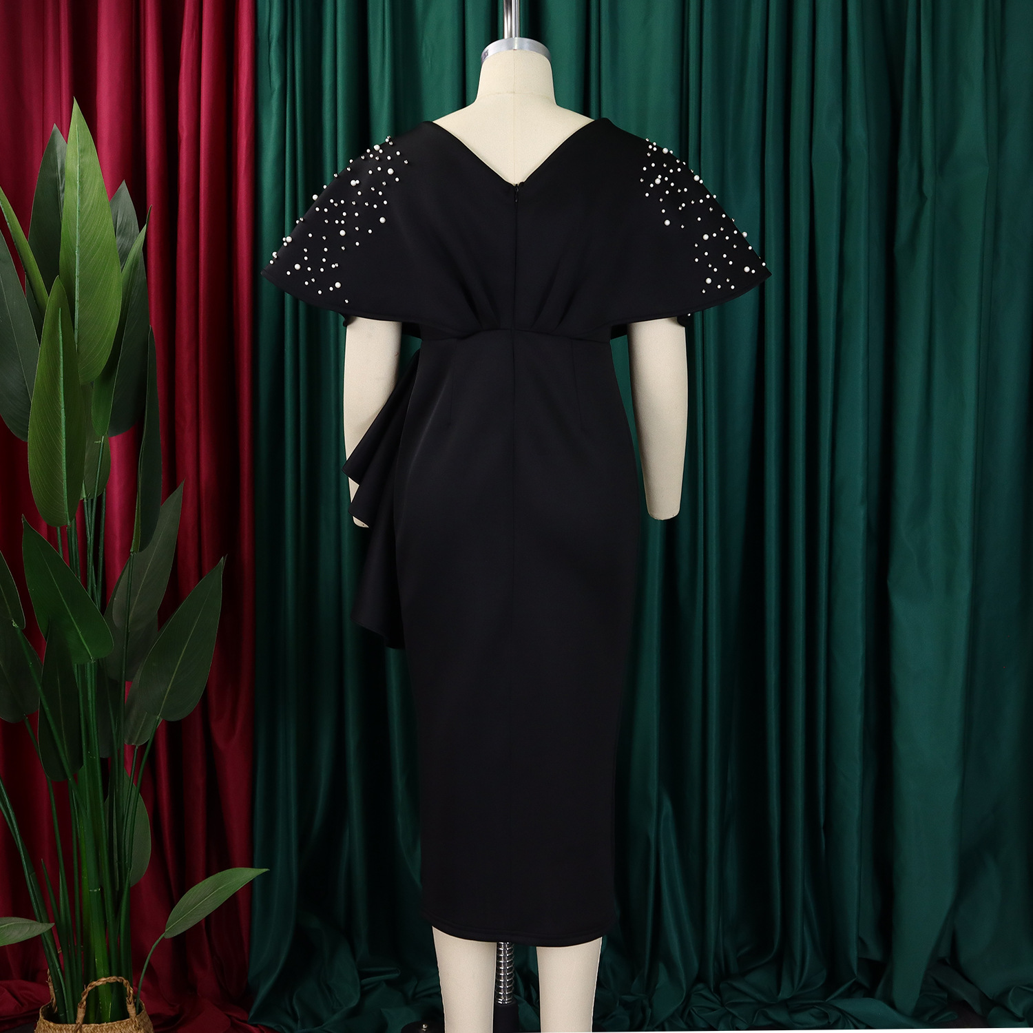 Robe de soirée sexy à col en V et à volants avec fente perlée, robe de banquet de tempérament de célébrité_voghion.com