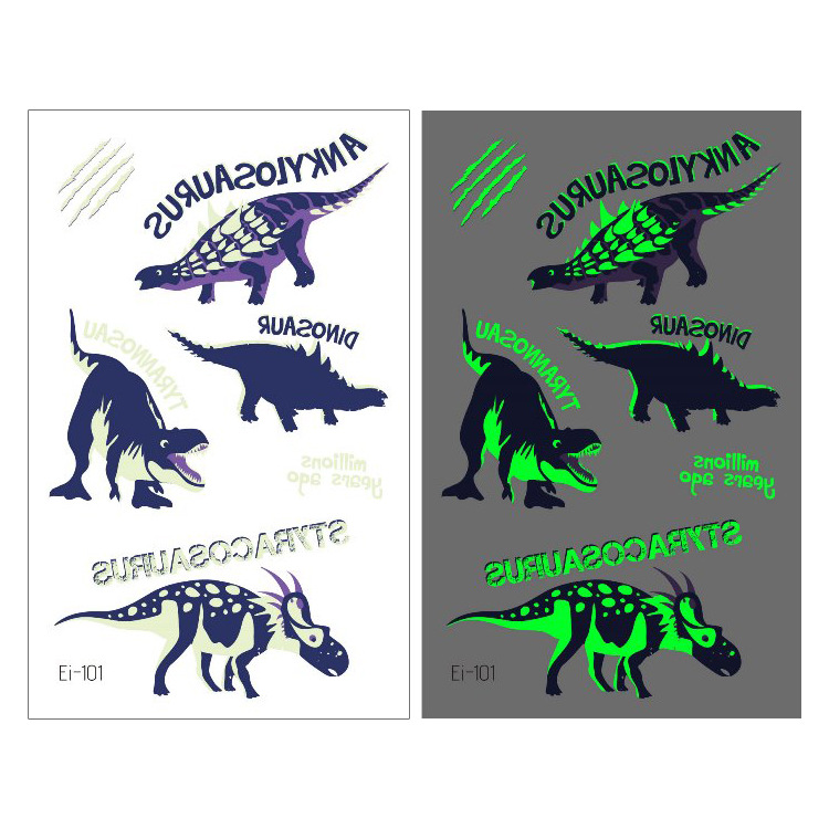 Suministro transfronterizo nuevo dinosaurio luminoso tatuaje pegatinas niños dibujos animados diversión pegatinas luminosas pegatinas temporales del tatuaje