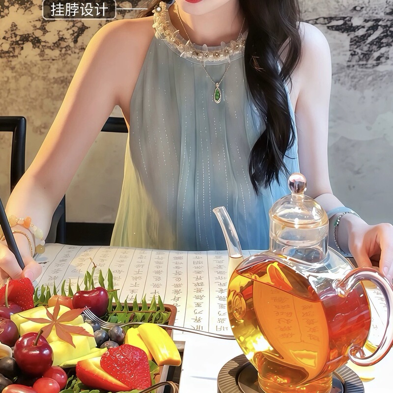 Ying Silk｜Blue Mist Song Mulberry Silk Fake Two-Piece Halter Neck Dress for Women, Summer Vacation Style Long Dress for Petite Figures