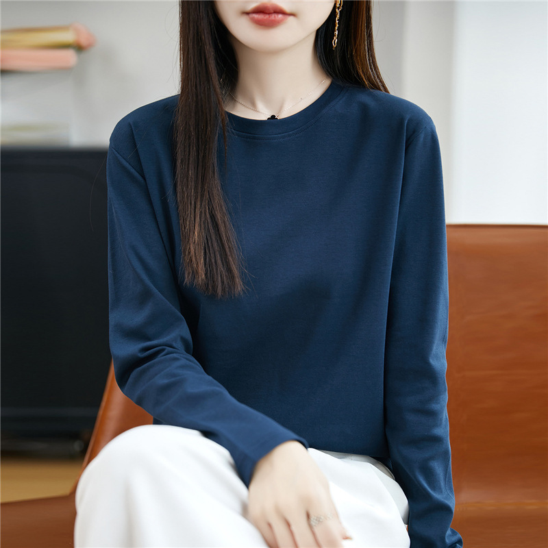 100纯棉针织打底衫女士圆领套头内搭上衣早秋新款休闲百搭风纯色|undefined
