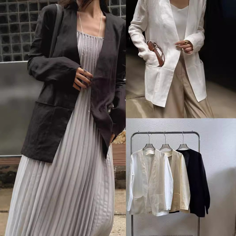 Spanish Niche Design Collarless Suit Women's Linen Blended V-Neck Straight Casual Suit Jacket Women's Thin