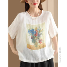 #603  2025夏印花棉麻T恤女圆领短袖小衫麻色咖色橘色白色雪尼尔