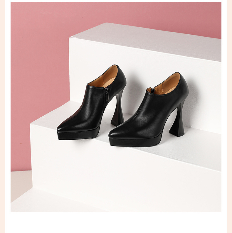 Giày cao gót nữ mũi nhọn miệng sâu gót thô 9 cm đế platform khóa kéo bên hông — Màu đen chi tiết 7