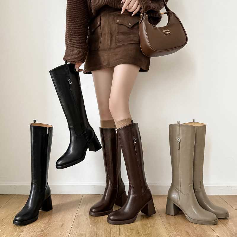 Leg Slimming Look Full Cowhide High-Heeled Knight Boots 2025 Autumn and Winter Thick Heel Round Toe Genuine Leather High Boots for Women 41 Large Size