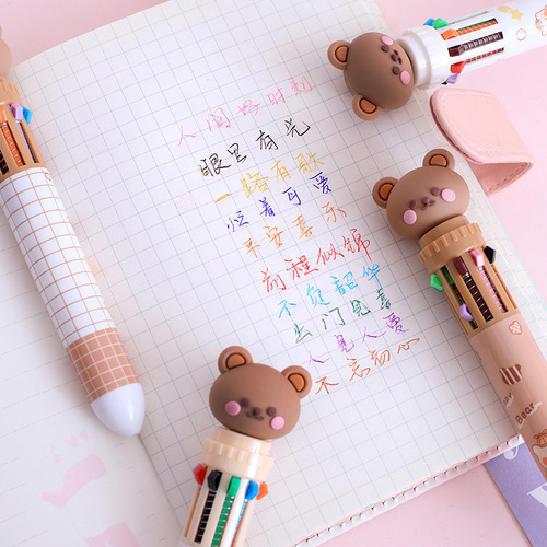 Cartoon bear ten-color ballpoint pen cute pressing handbook writing pen student learning writing stationery holiday gift