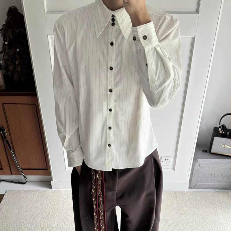 High-Quality High-Neck Striped Shirt with Pointed Collar, Fitted for Work, Elegant Long-Sleeve Blouse High-Quality High-Neck Striped Shirt with Pointed Collar, Fitted for Work, Elegant Long-Sleeve Blouse