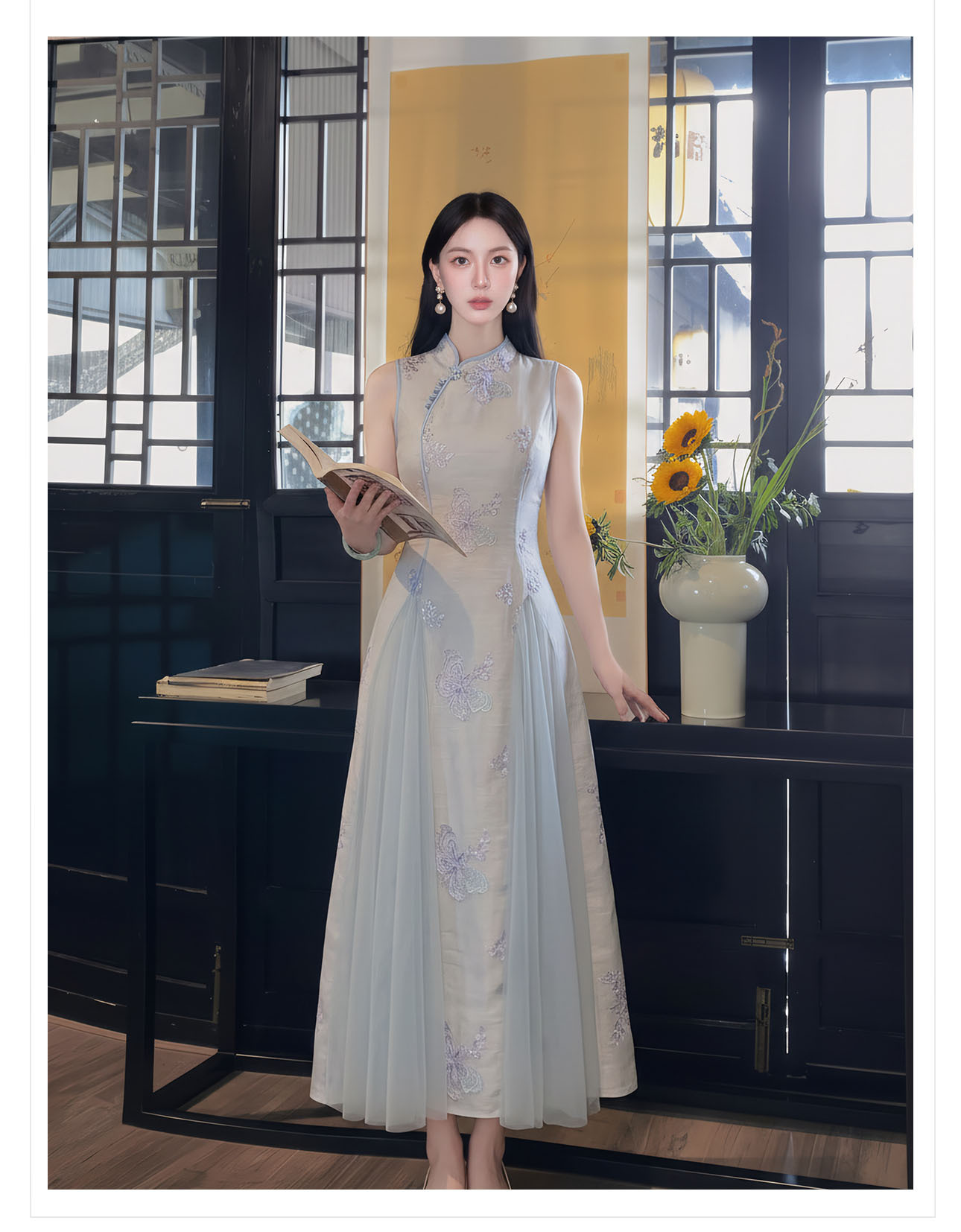 Đầm maxi nữ thắt eo kiểu sườn xám cách tân không tay dáng dài — màu xanh nhạt chi tiết 10
