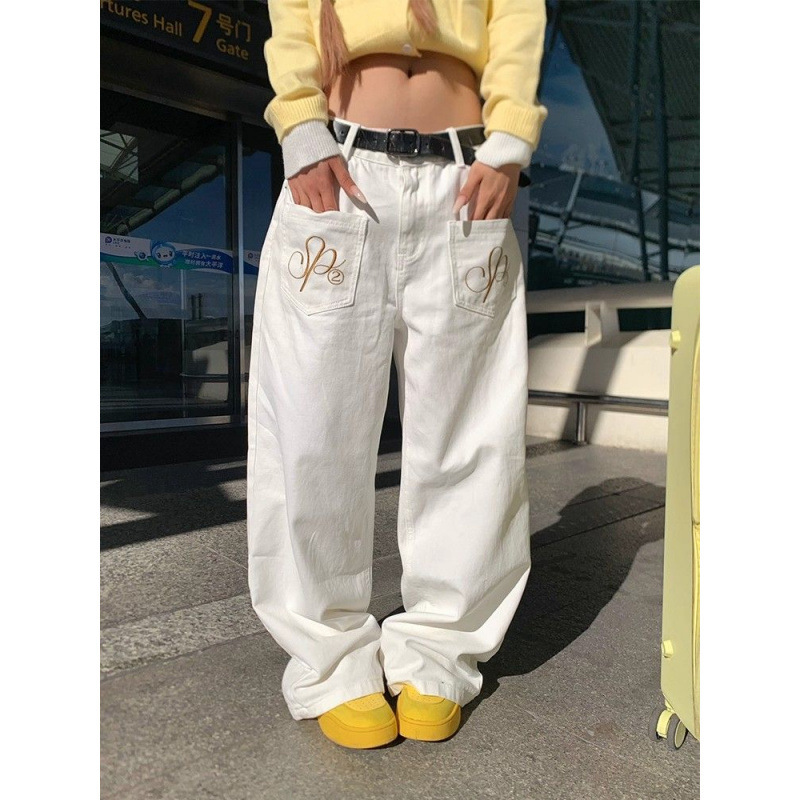 美式复古字母翅膀刺绣直筒牛仔裤男女春秋新款宽松休闲阔腿长裤潮|undefined