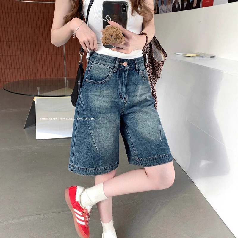 【Korean Style】American Retro Washed Split Five-Point Jeans for Women, High-Waisted Loose Wide-Leg Pants for Streetwear