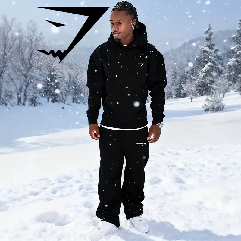 Gymshark Autumn and Winter Men's Warm Hooded Suit Casual Streetwear Trendy Pullover Sweatshirt and Long Pants for Sports and Fitness