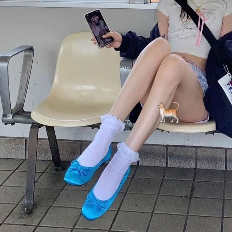 Blue Ballet Style Flats Shoes for Women 2025 Spring New Sweet Silks and Satins Bow Round Toe Flats Shoes