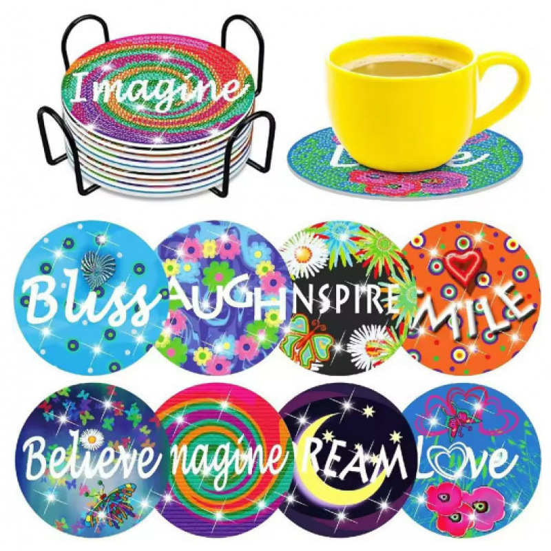 Ventas transfronterizas calientes de 8 piezas de conjunto de cojín de taza de arte de diamante, con soporte, pequeño conjunto de pintura de diamante, adecuado para adultos