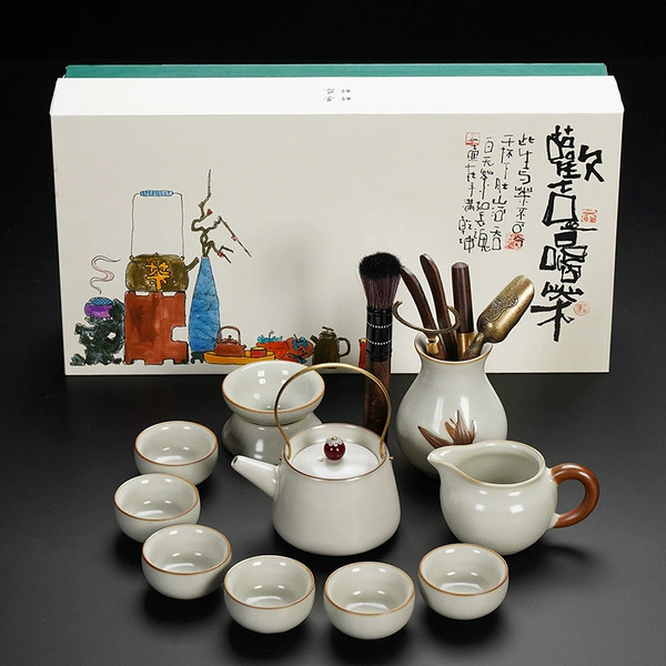 [Gift Box] Beige Ru Kiln Hometown Lift Pot Six-cup Tea Ceremony 10-piece Set + Happy Gift Box (Small)