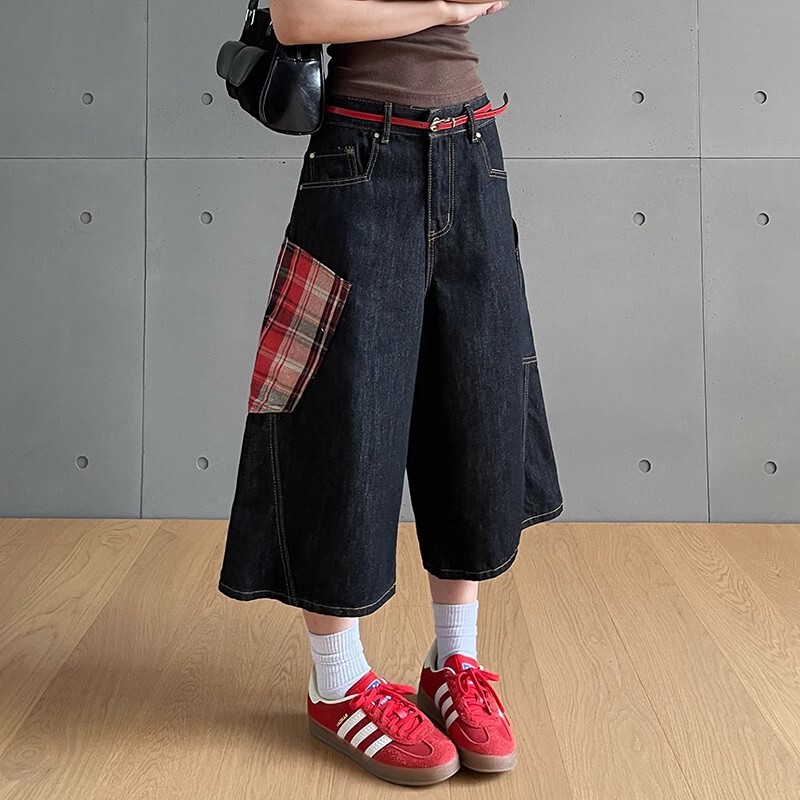 Vintage Plaid Patchwork Letter Embroidery Denim Capri Pants for Women 2025 Summer New Casual Versatile Straight Mid-Length Pants Vintage Plaid Patchwork Letter Embroidery Denim Capri Pants for Women 2025 Summer New Casual Versatile Straight Mid-Length Pants