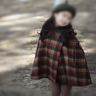 外贸童装批发女童外套秋冬新款儿童尖尖帽格子夹棉加厚呢大衣斗篷